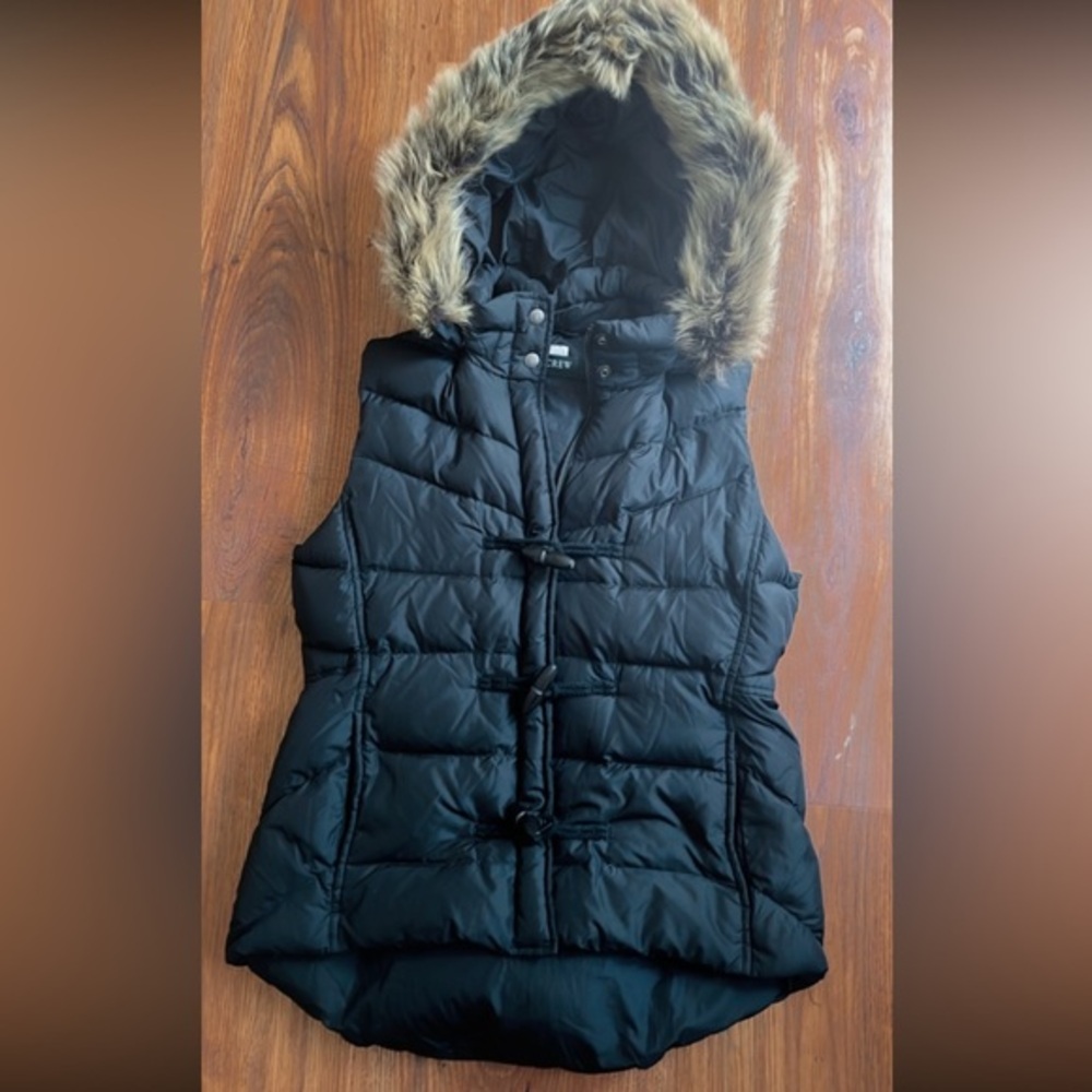 J crew Black Puffer Vest with Faux Fur Hood